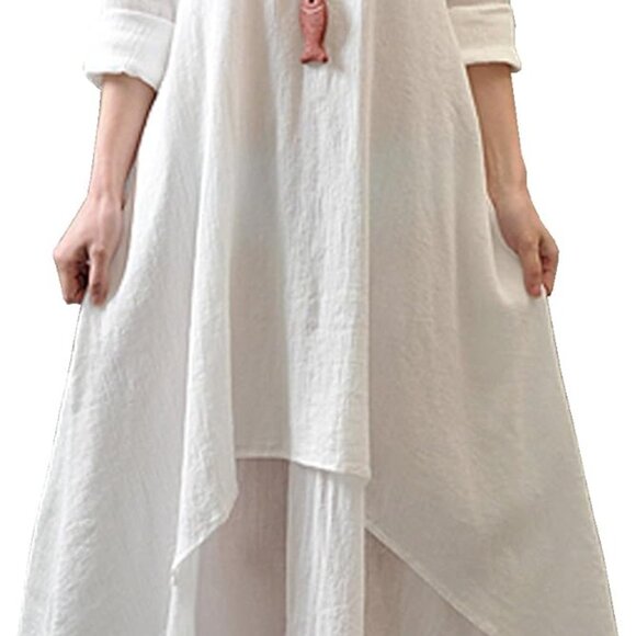 Dresses & Skirts - Women Cotton Long Sleeve Casual Irregular Hem Dress Plus Size V-Neck